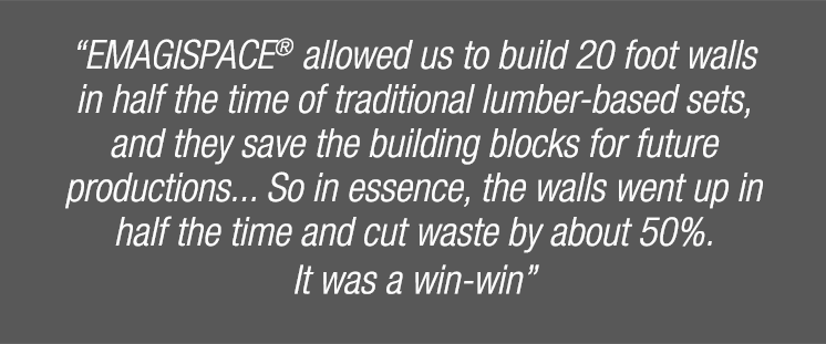 "Emagispace allowed us to build 20 foot walls in half the time of traditional lumber based sets, and they save the buildign blocks for future productions... So in essence, the walls went up in half the time and cut waste by about 50%. It was a win-win"